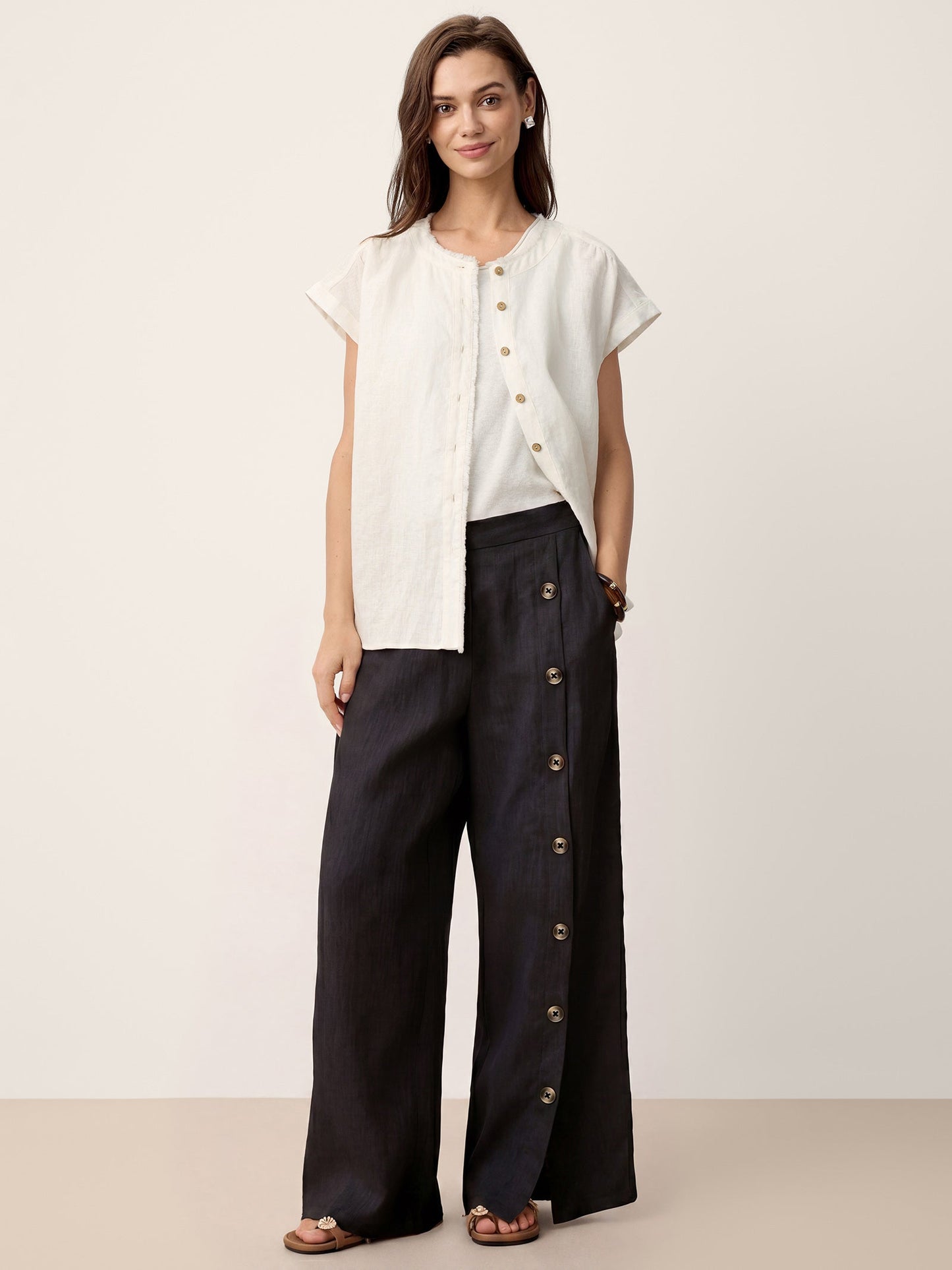 100% Linen Buttoned Slit-Hem Pants KATYA
