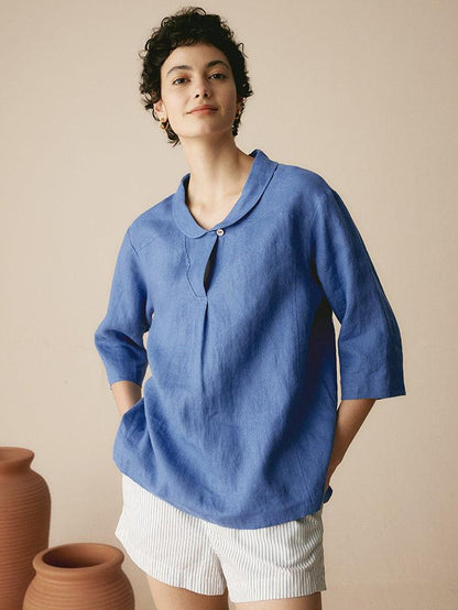 100% Linen Shawl V-Neck Half Sleeve Top JADE