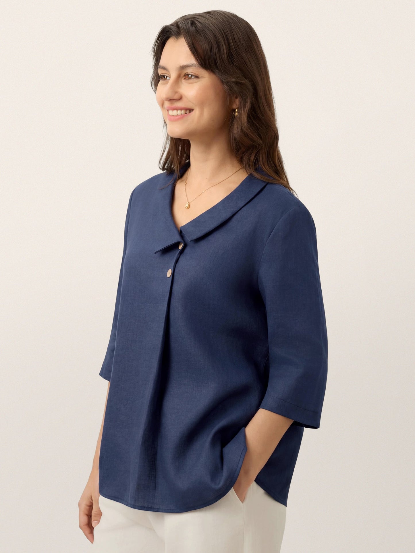 100% Linen Asymmetric Collar Inverted Pleat Top OTTILIE
