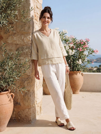 100% Linen Drop Shoulder Asymmetric Layered Hem Overtop VIOLA