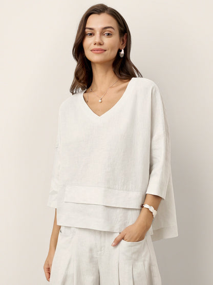 100% Linen Drop Shoulder Asymmetric Layered Hem Overtop VIOLA