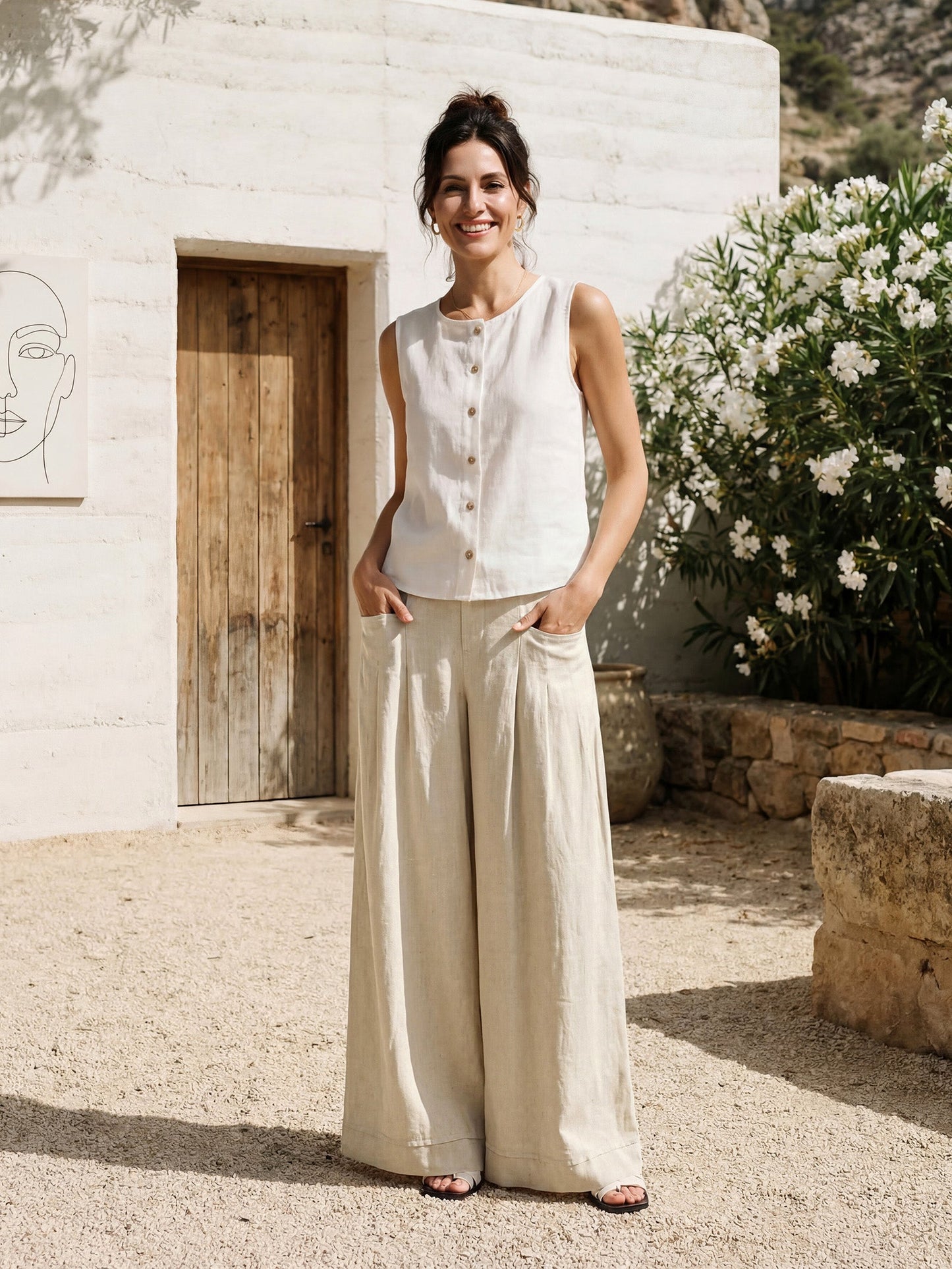 100% Linen Sculpted Pleat Elasticated Back Relaxed Pants VERIDIANA