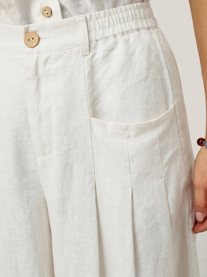 100% Linen Sculpted Pleat Elasticated Back Relaxed Pants VERIDIANA