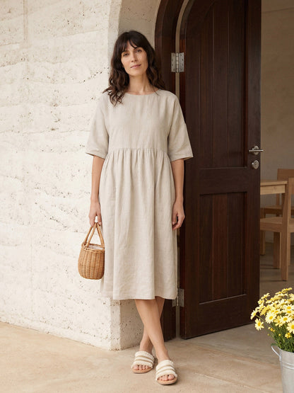 100% Linen A-Line Midi Dress VALENCIA