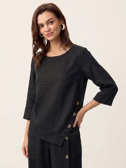 100% Linen Asymmetric-Hem Button-Trim Top NYLA