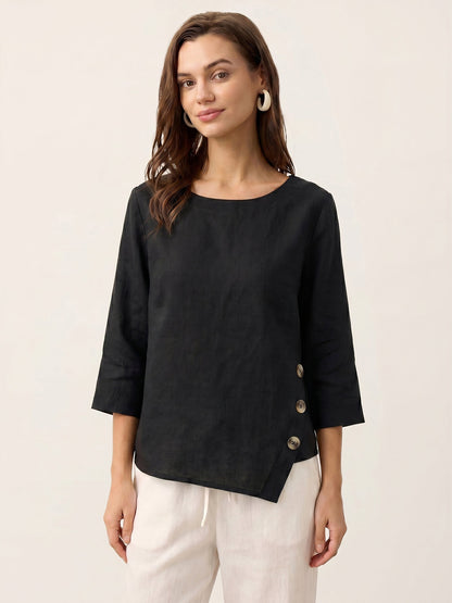 100% Linen Asymmetric-Hem Button-Trim Top NYLA