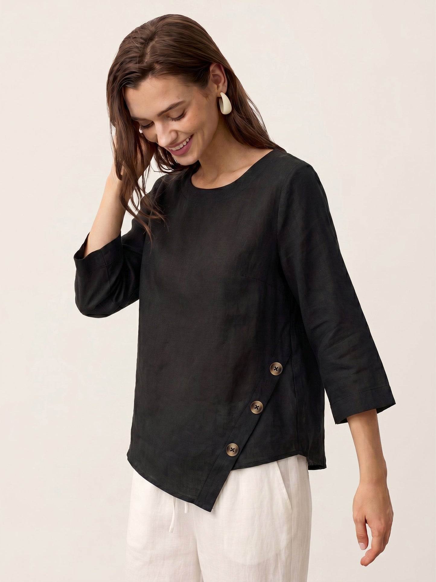 100% Linen Asymmetric-Hem Button-Trim Top NYLA