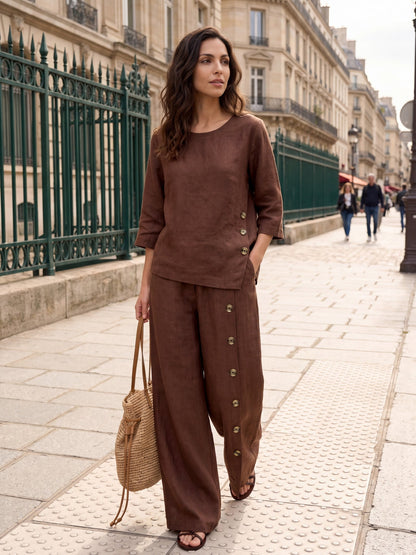 100% Linen Buttoned Slit-Hem Pants KATYA