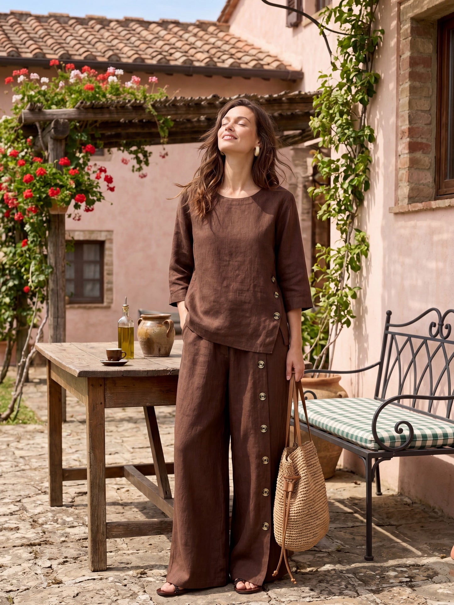 100% Linen Asymmetric-Hem Button-Trim Top NYLA