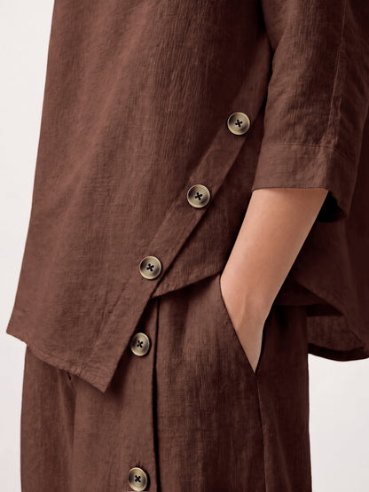 100% Linen Asymmetric-Hem Button-Trim Top NYLA