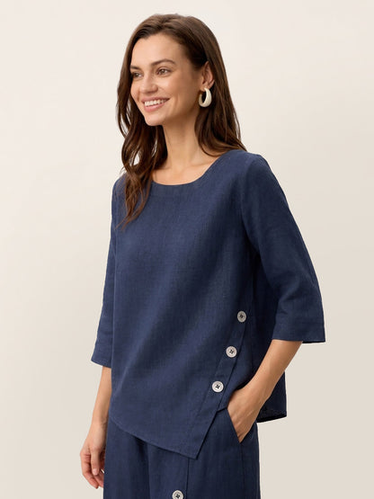 100% Linen Asymmetric-Hem Button-Trim Top NYLA