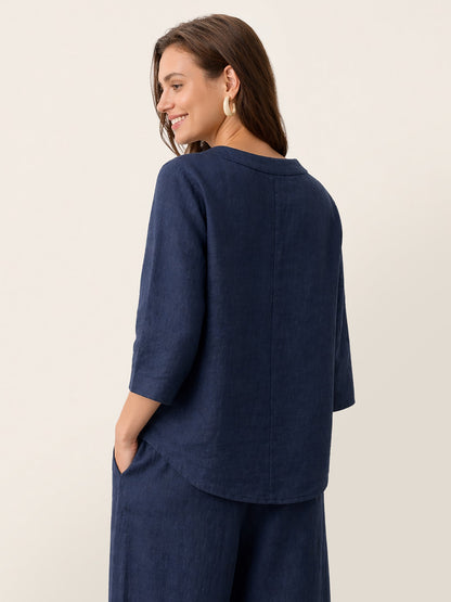 100% Linen Asymmetric-Hem Button-Trim Top NYLA