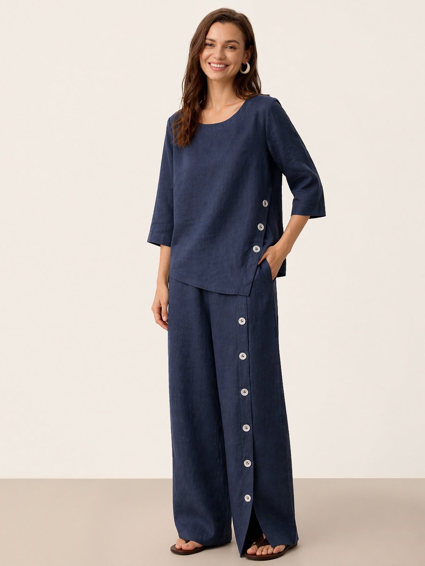100% Linen Asymmetric-Hem Button-Trim Top NYLA