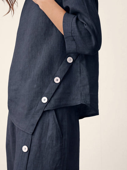 100% Linen Asymmetric-Hem Button-Trim Top NYLA
