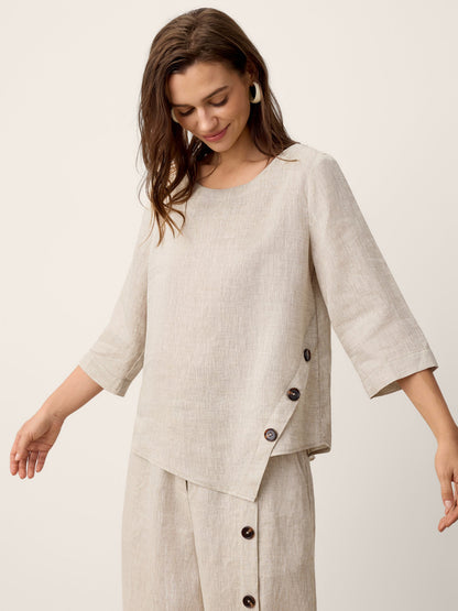 100% Linen Asymmetric-Hem Button-Trim Top NYLA