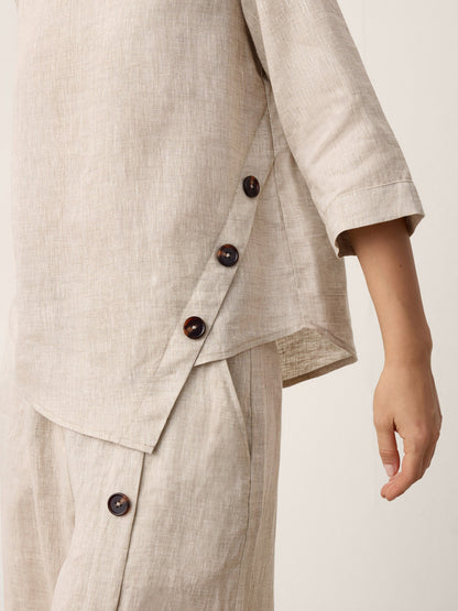 100% Linen Asymmetric-Hem Button-Trim Top NYLA