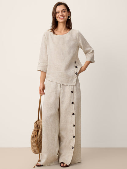 100% Linen Asymmetric-Hem Button-Trim Top NYLA