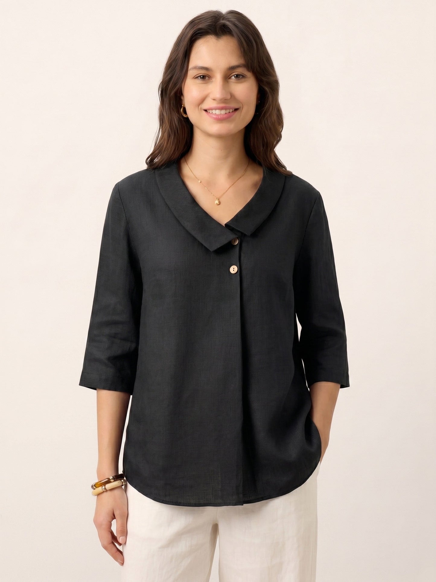 100% Linen Asymmetric Collar Inverted Pleat Top OTTILIE