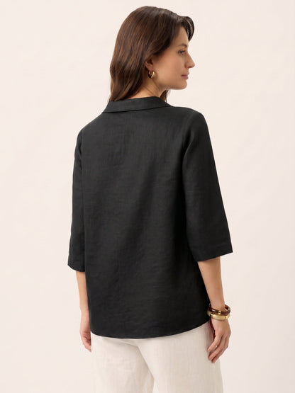 100% Linen Asymmetric Collar Inverted Pleat Top OTTILIE