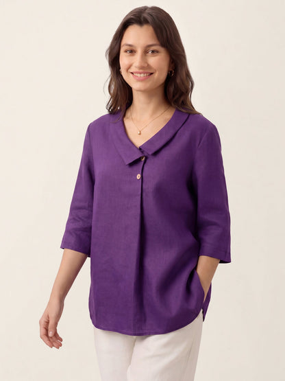 100% Linen Asymmetric Collar Inverted Pleat Top OTTILIE
