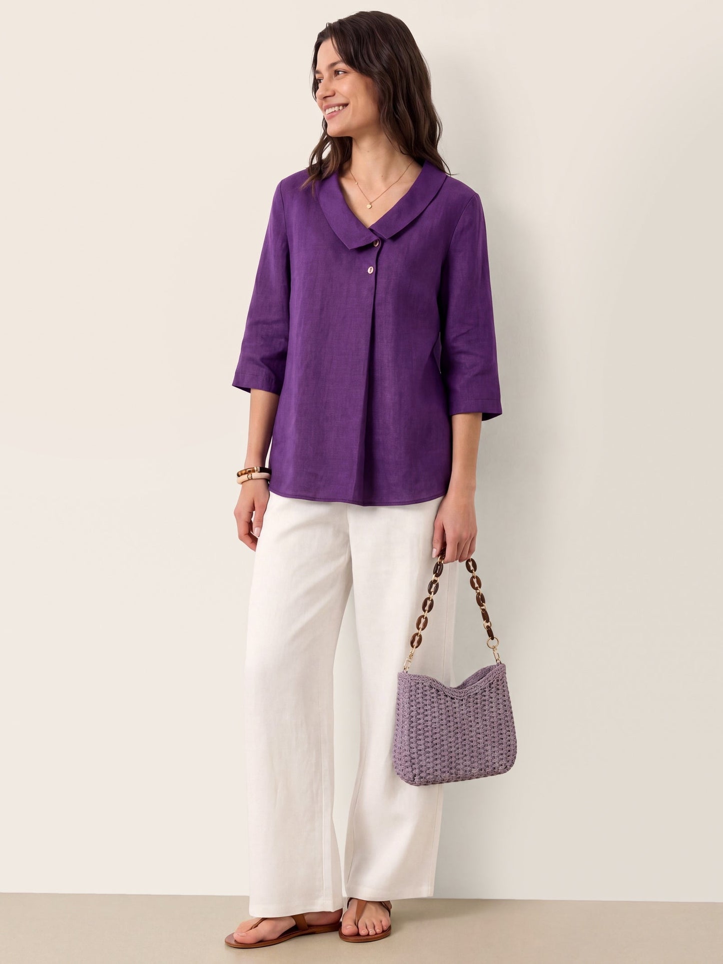 100% Linen Asymmetric Collar Inverted Pleat Top OTTILIE