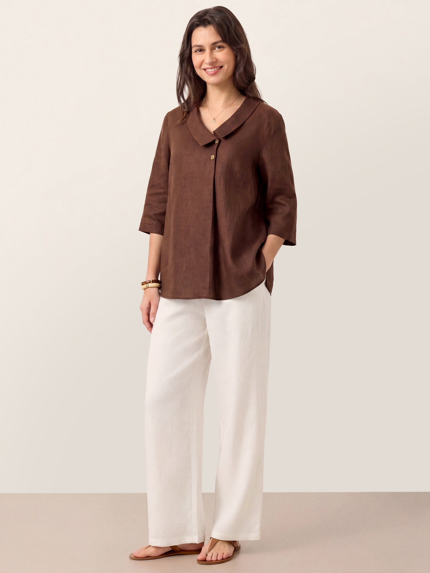 100% Linen Asymmetric Collar Inverted Pleat Top OTTILIE