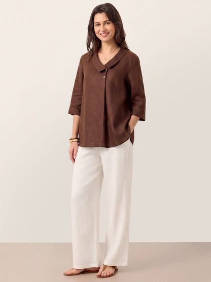100% Linen Asymmetric Collar Inverted Pleat Top OTTILIE