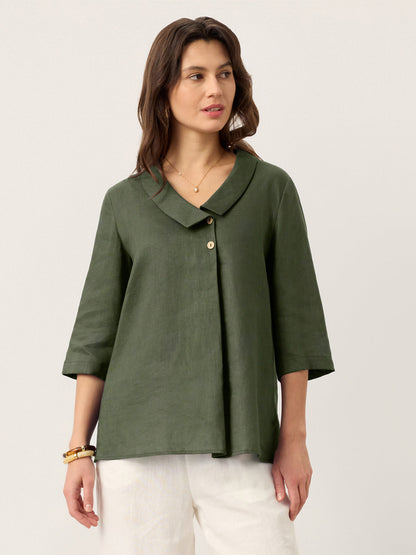 100% Linen Asymmetric Collar Inverted Pleat Top OTTILIE