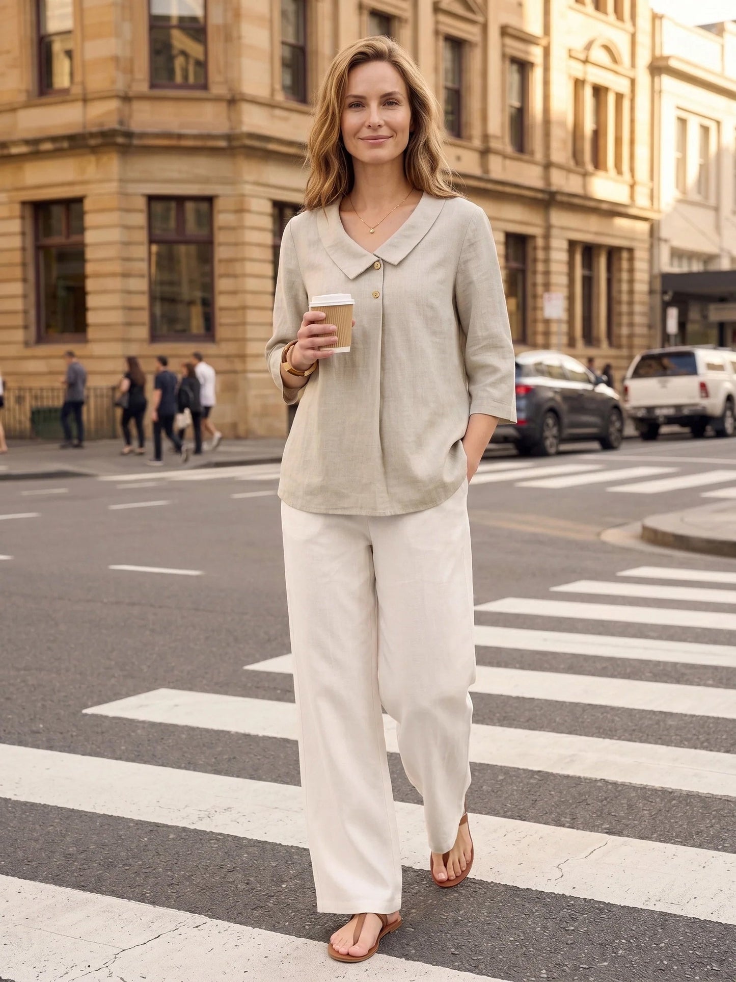 100% Linen Asymmetric Collar Inverted Pleat Top OTTILIE