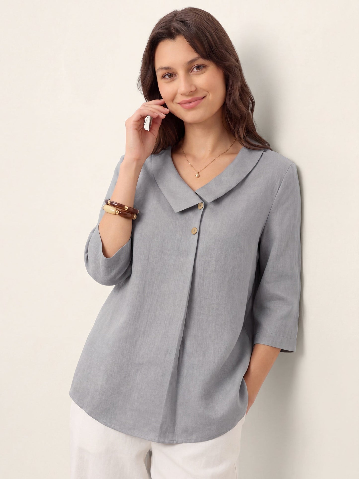 100% Linen Asymmetric Collar Inverted Pleat Top OTTILIE