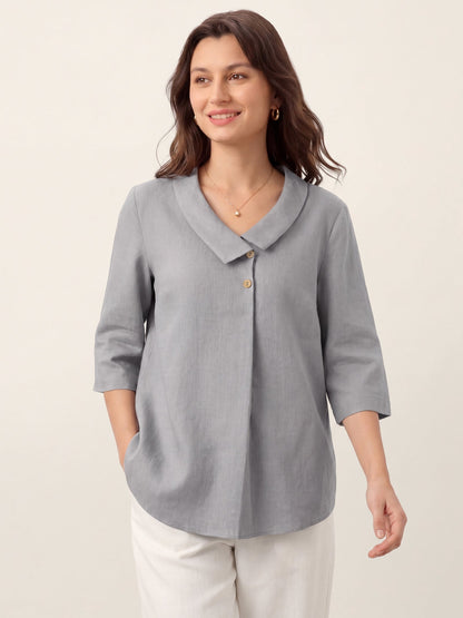 100% Linen Asymmetric Collar Inverted Pleat Top OTTILIE
