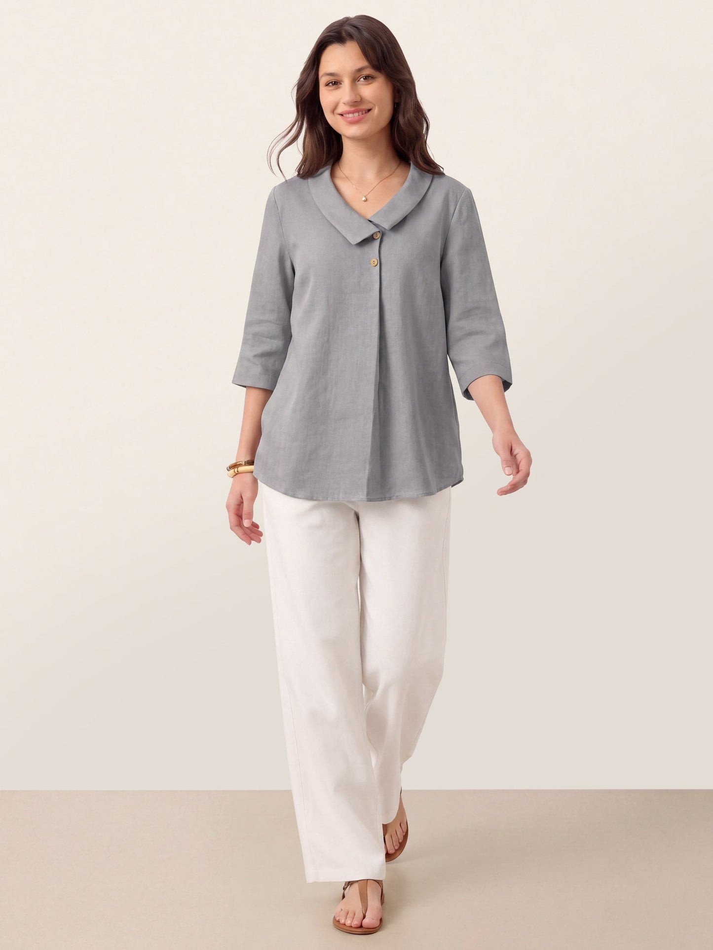 100% Linen Asymmetric Collar Inverted Pleat Top OTTILIE