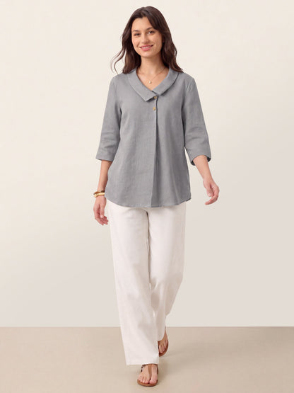 100% Linen Asymmetric Collar Inverted Pleat Top OTTILIE