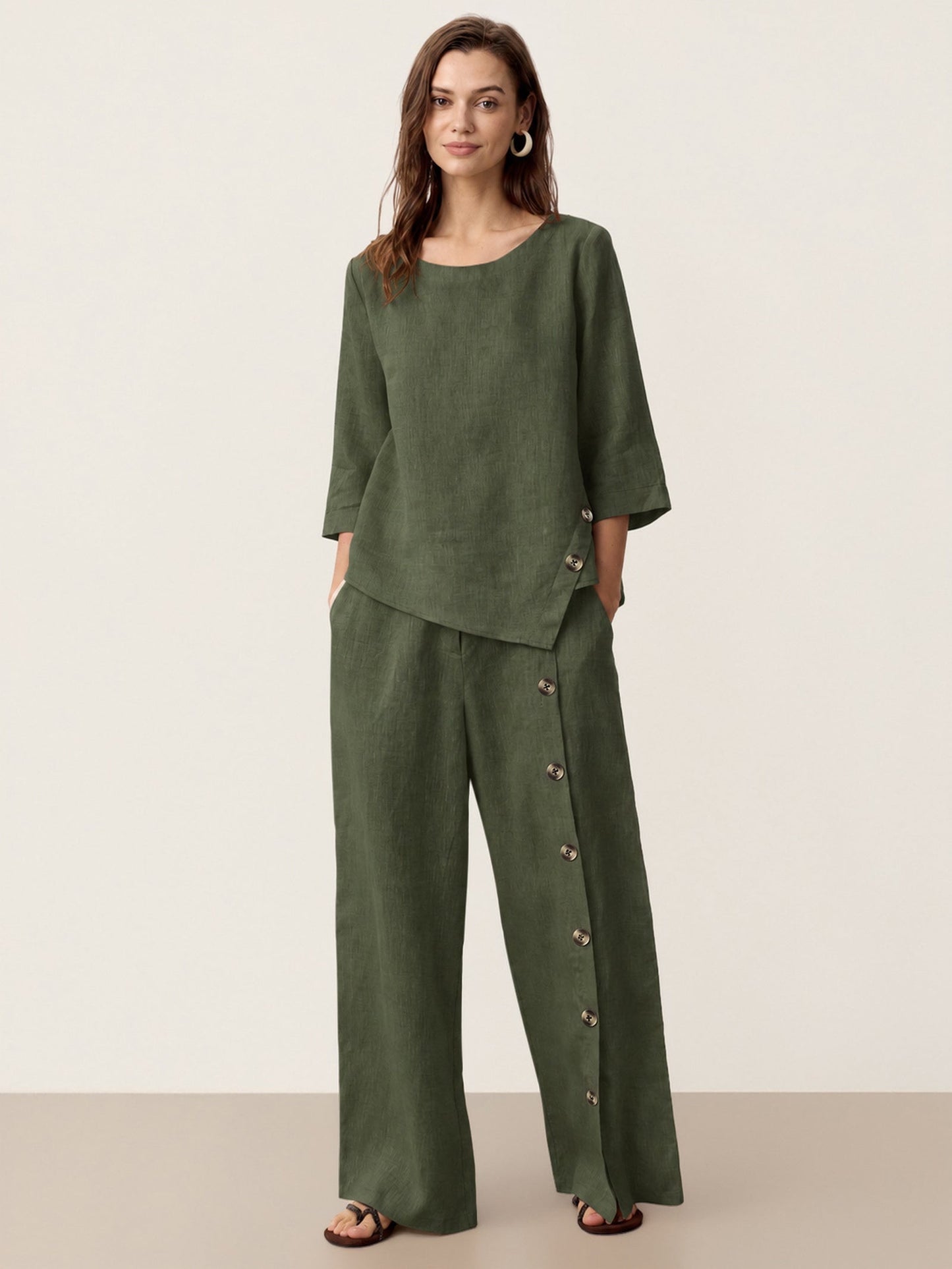 100% Linen Asymmetric-Hem Button-Trim Top NYLA