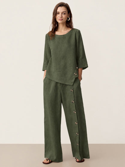 100% Linen Asymmetric-Hem Button-Trim Top NYLA