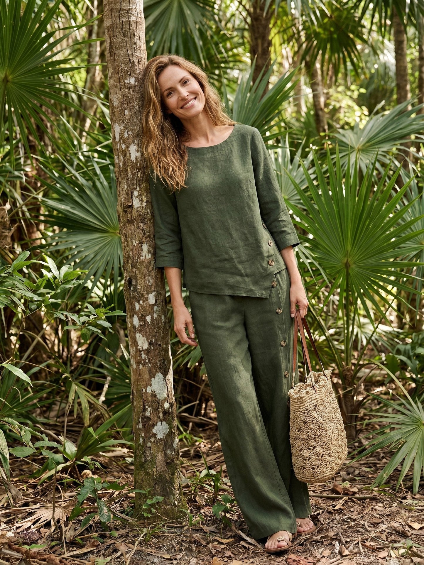 100% Linen Asymmetric-Hem Button-Trim Top NYLA
