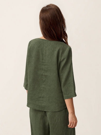 100% Linen Asymmetric-Hem Button-Trim Top NYLA