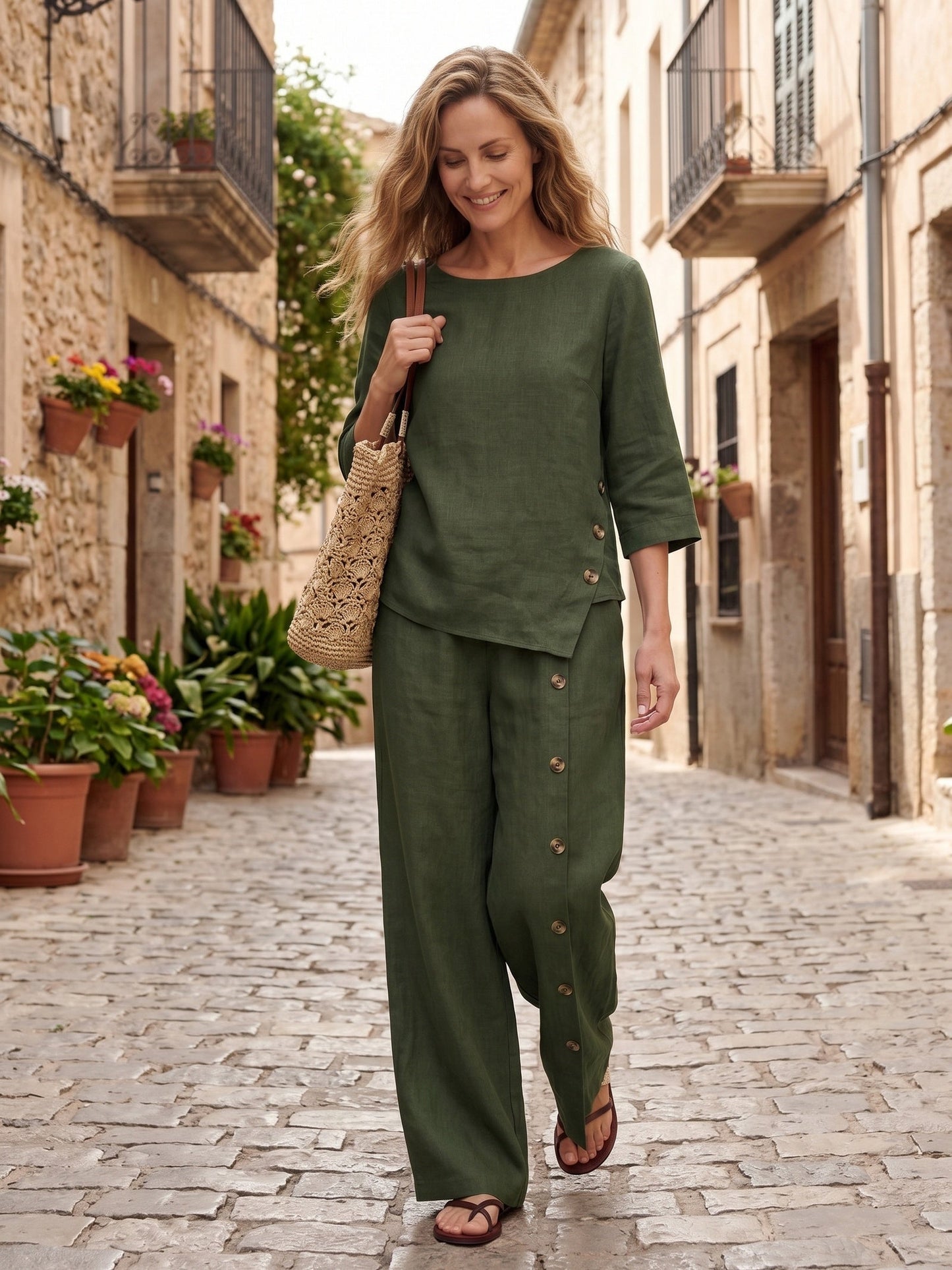 100% Linen Asymmetric-Hem Button-Trim Top NYLA
