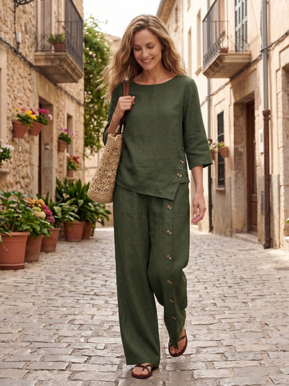 100% Linen Asymmetric-Hem Button-Trim Top NYLA