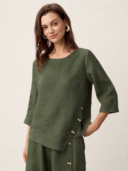 100% Linen Asymmetric-Hem Button-Trim Top NYLA