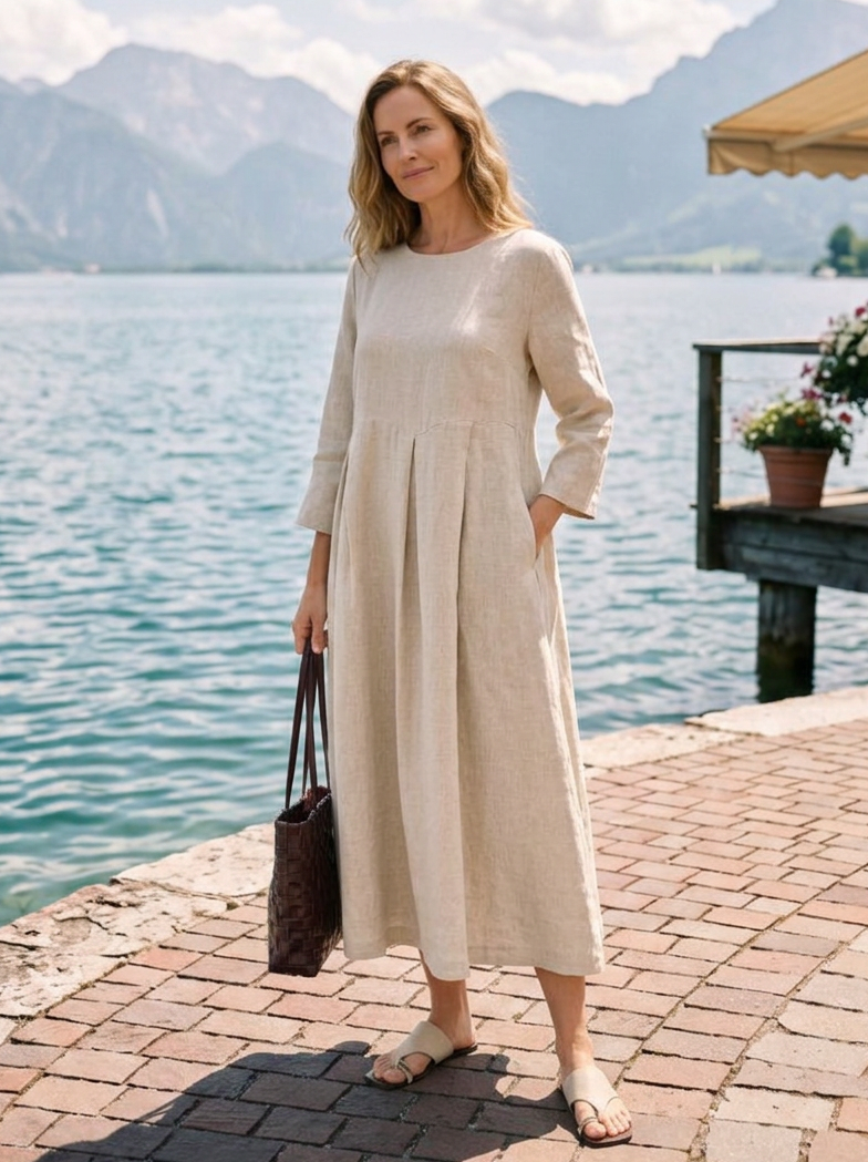 100% Linen Bateau Neck Pleated Midi Dress ABIGAIL