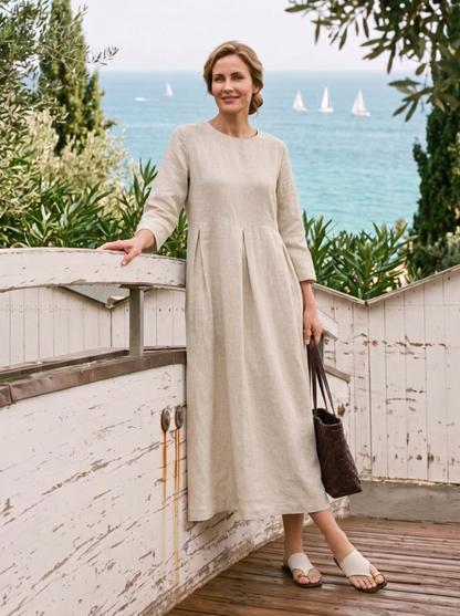 100% Linen Bateau Neck Pleated Midi Dress ABIGAIL
