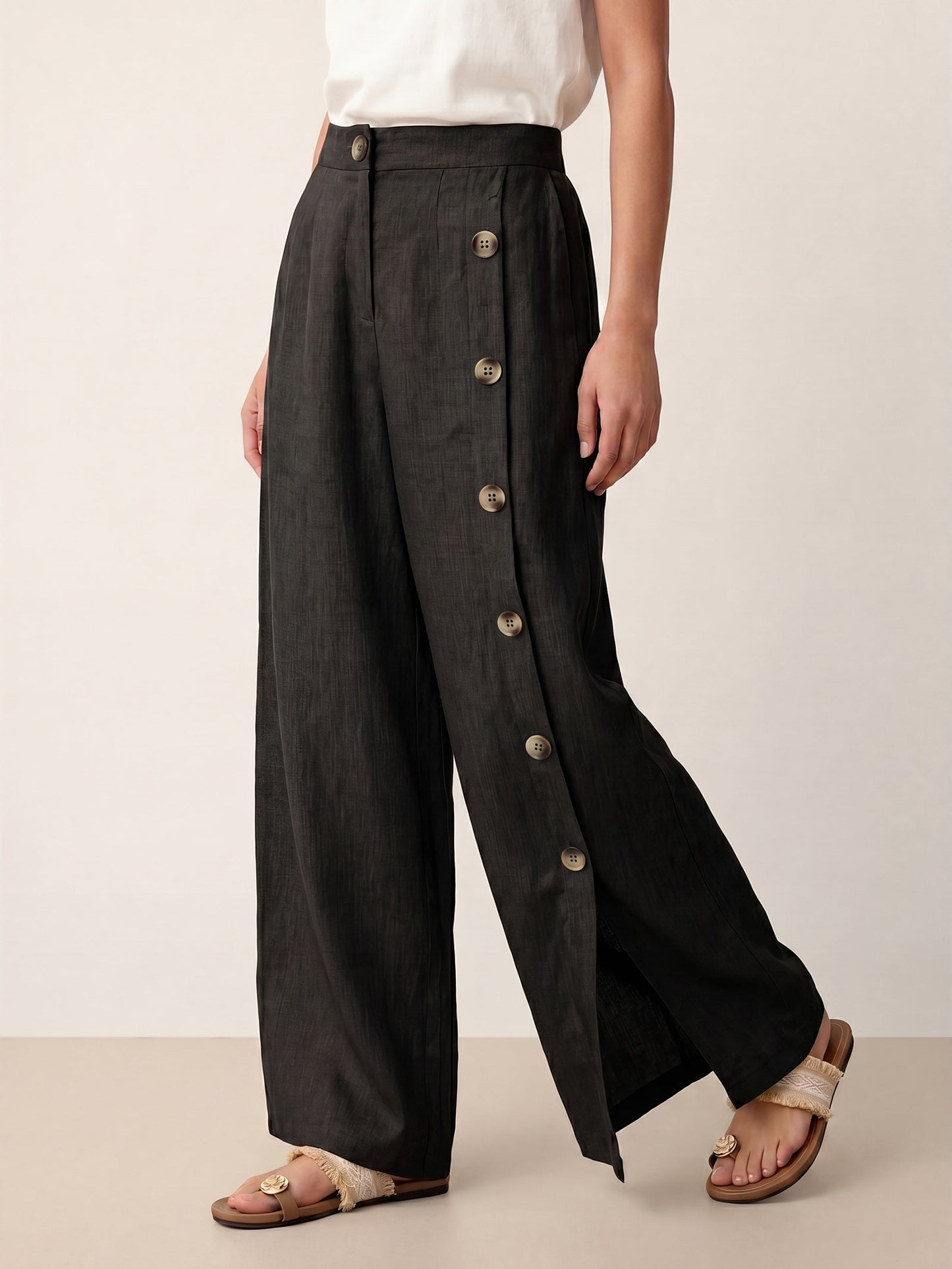 100% Linen Buttoned Slit-Hem Pants KATYA