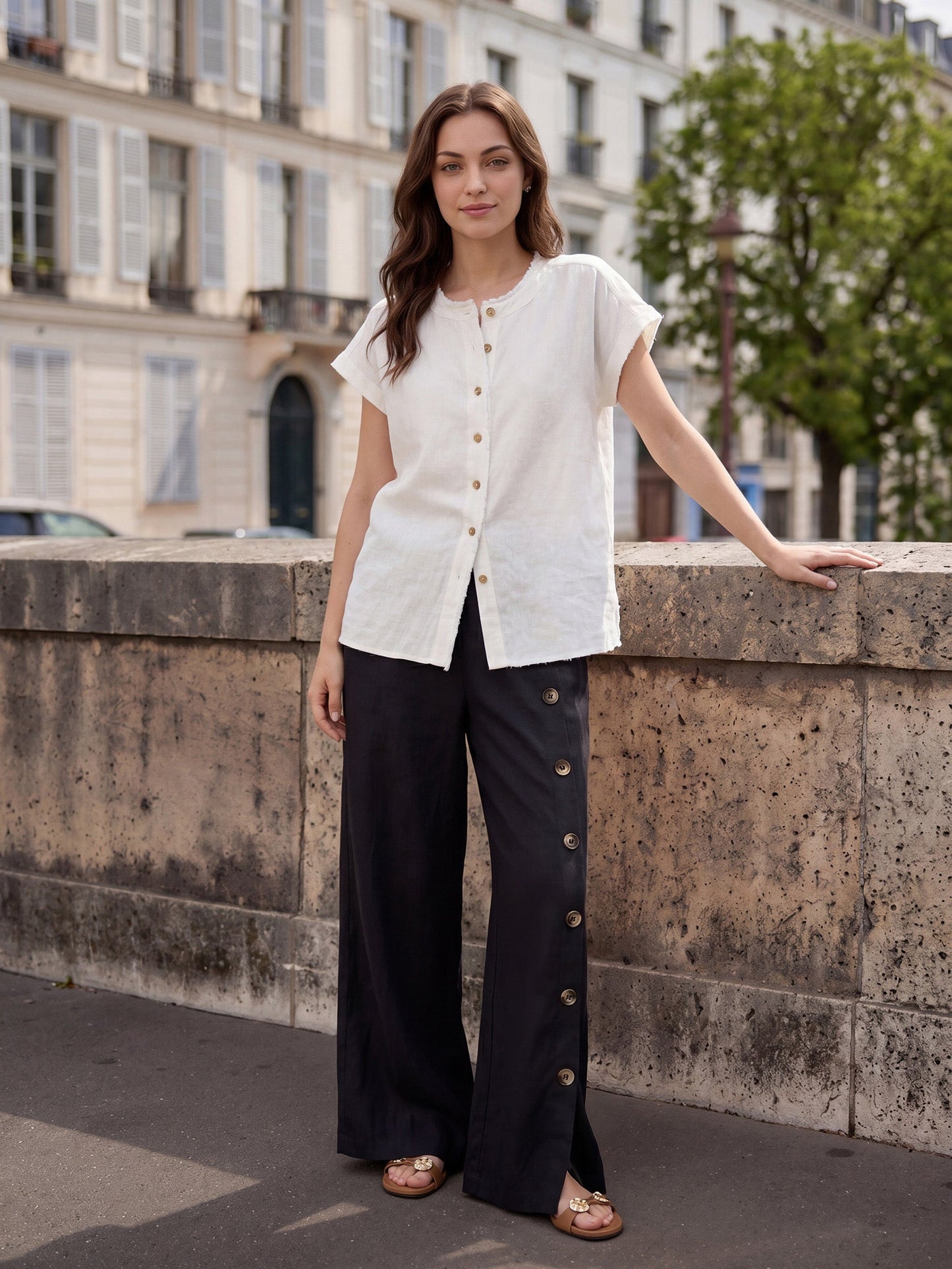 100% Linen Buttoned Slit-Hem Pants KATYA