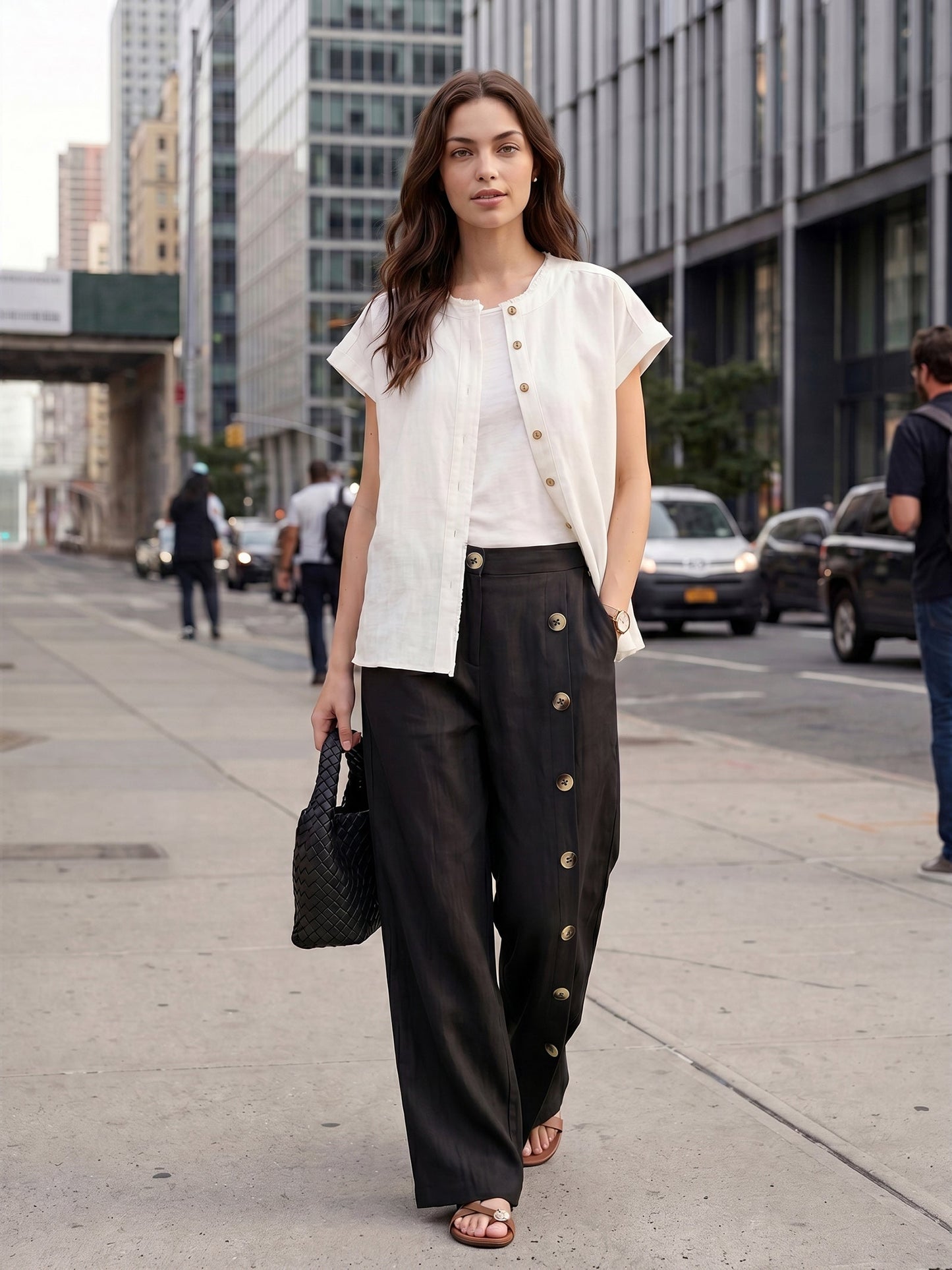 100% Linen Buttoned Slit-Hem Pants KATYA