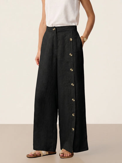 100% Linen Buttoned Slit-Hem Pants KATYA