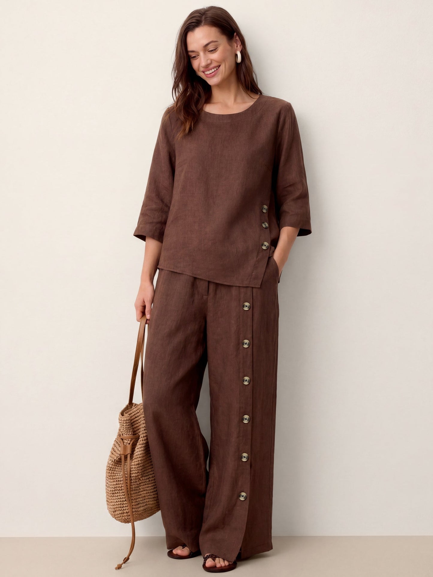 100% Linen Buttoned Slit-Hem Pants KATYA