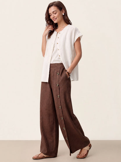 100% Linen Buttoned Slit-Hem Pants KATYA