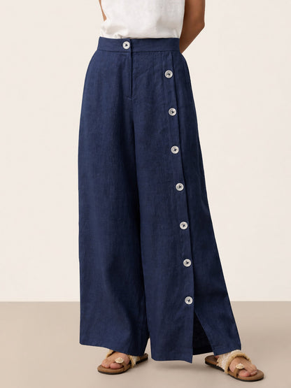 100% Linen Buttoned Slit-Hem Pants KATYA