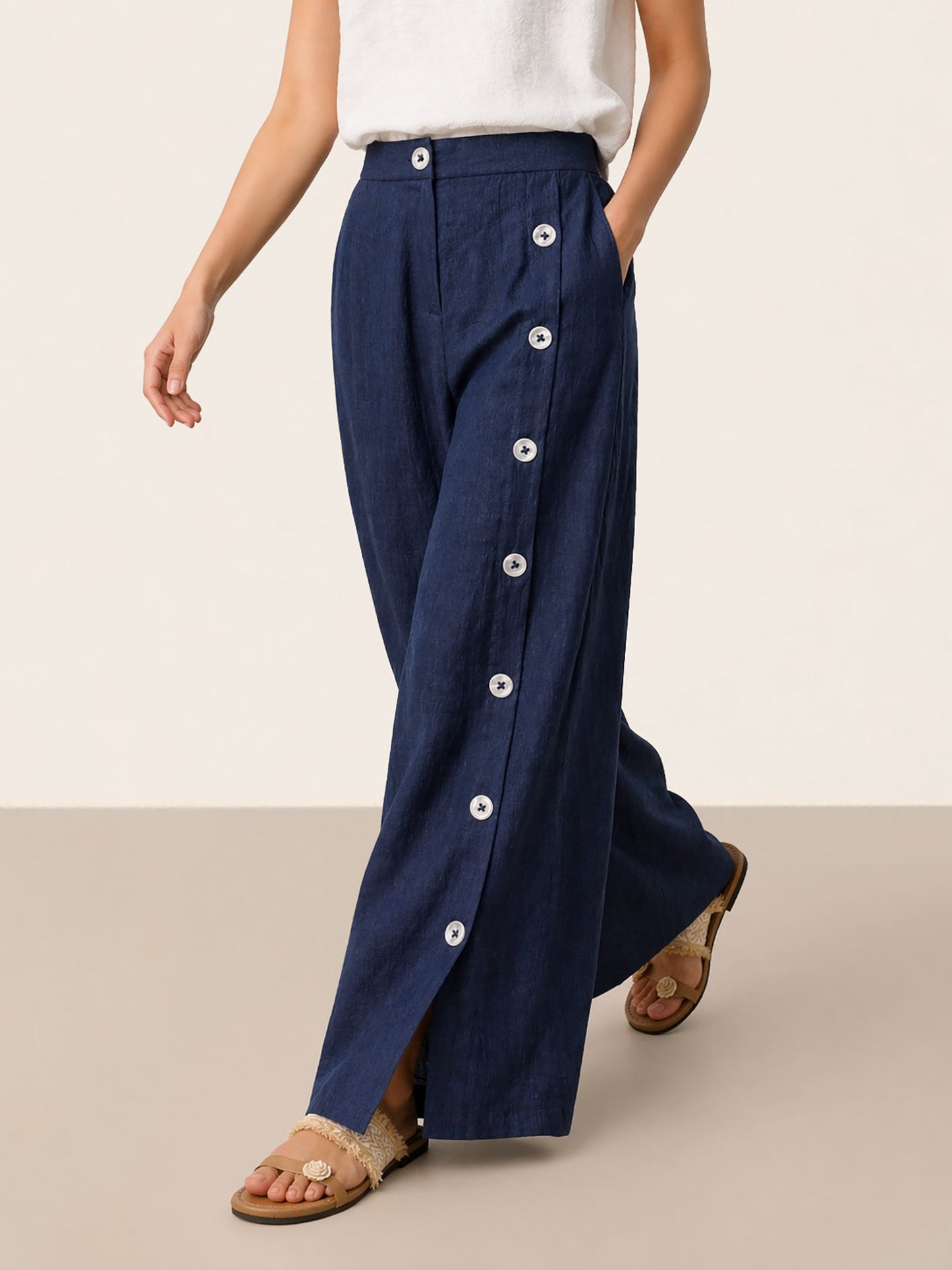 100% Linen Buttoned Slit-Hem Pants KATYA